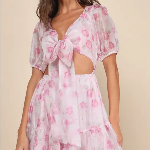 Lulus Ideal Poise Blush Floral Chiffon Backless Tie-front Midi Dress Pink - Picture 3 of 5